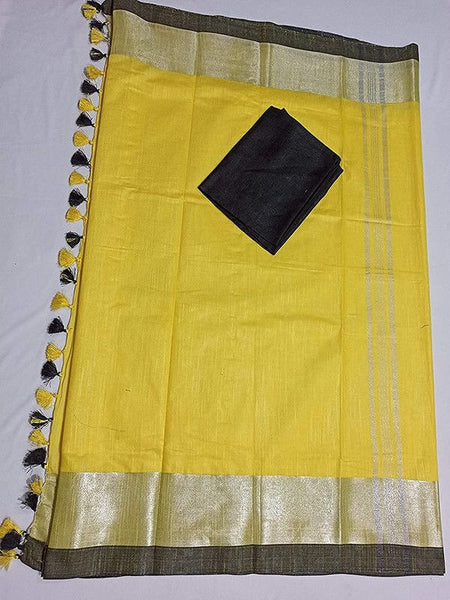 Yellow Bhagalpuri Handloom women's Linen Slub Blend Saree With Black Pipin Contrast Blouse Piece - View 3