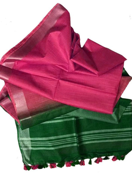 Fern Green & Hot Pink women's Ethnic Wear Bhagalpuri Handloom Linen Blend Two Dye Saree With Running Unstitched Blouse Piece - View 3