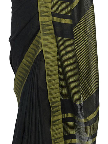 Black-Olive Green women's Bhagalpuri Handloom Katan Viscous Silk Temple Border Saree Ethnic Wear With Running Unstitched Striped Blouse Piece - View 5