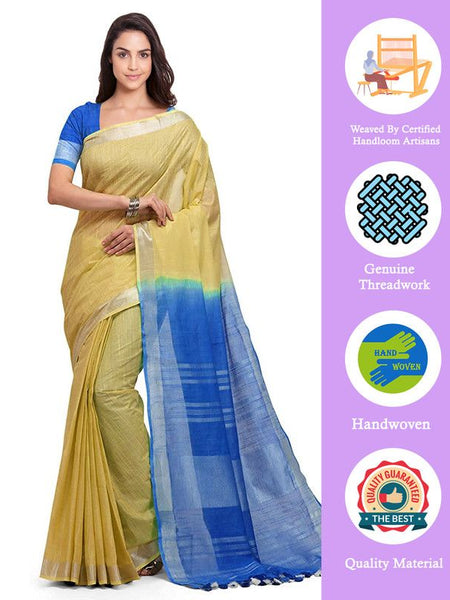 Jasmine Tan & Azure Cyan women's Bhagalpuri Handloom Ethnic Wear Linen Two Dye Saree With Running Unstitched Blouse Piece - View 2