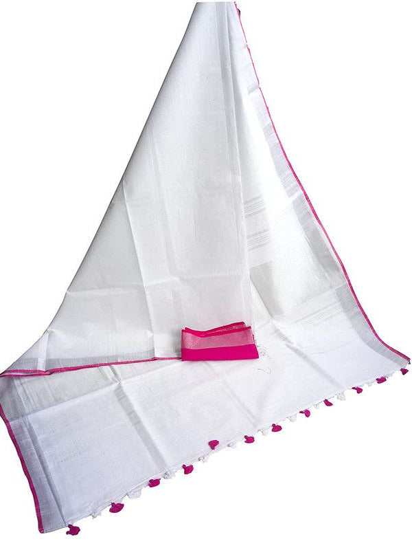 White-Pink women's Handloom Bhagalpuri Cotton Linen Blend Saree Ethnic Wear With Contrast Unstitched Blouse Piece