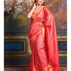 Handloom Bhagalpuri Cotton Silk Striped Sequin Saree ( Red)