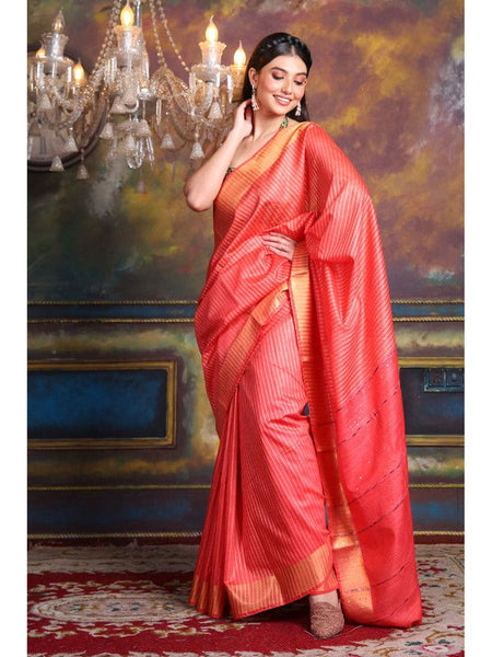Handloom Bhagalpuri Cotton Silk Striped Sequin Saree ( Red)