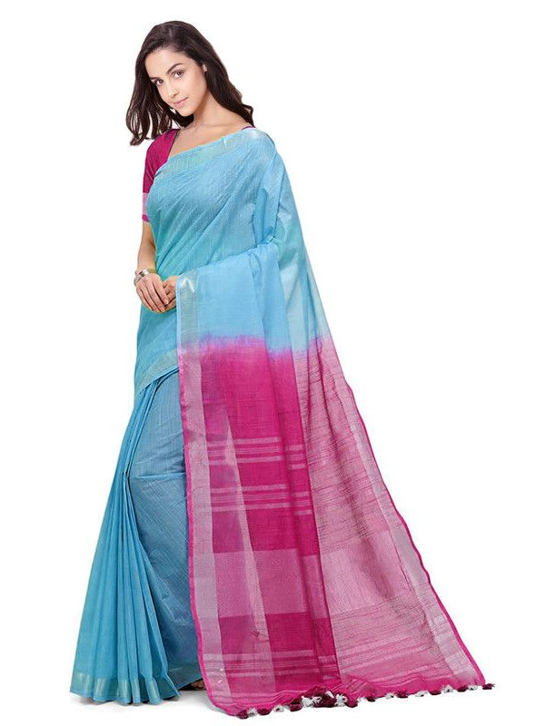 Argentinian Blue & Raspberry Pink women's Handloom Bhagalpuri Linen Blend Two Dye Saree With Running Unstitched Blouse Piece - View 3