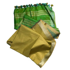 Kelly Green & Equator Tan Bhagalpuri Handloom women's Ethnic Wear Cotton Slub Blend Two Dye Saree With Running Unstitched Blouse Piece - View 7