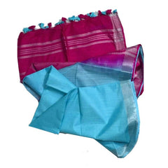 Raspberry Pink & Pacific Cyan women's Bhagalpuri Ethnic Wear Handloom Cotton Linen Slub Blend Zari Border Two Dye Saree With Running Unstitched Blouse Piece