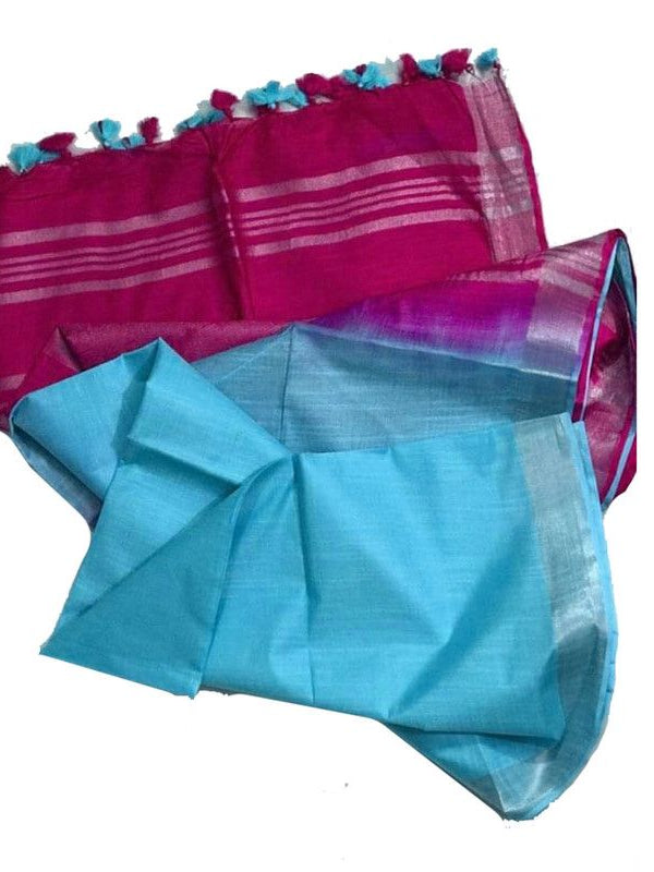 Raspberry Pink & Pacific Cyan women's Bhagalpuri Ethnic Wear Handloom Cotton Linen Slub Blend Zari Border Two Dye Saree With Running Unstitched Blouse Piece