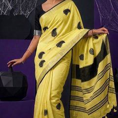 Handwoven Bhagalpuri Linen Blend Embroidered Saree With Contrast Blouse Piece(Yellow_Black)