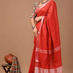 Linen Cotton Blend Handloom Bhagalpuri Saree with Zari Border (12798 Red) - View 2