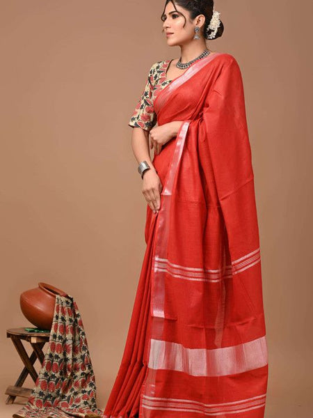 Linen Cotton Blend Handloom Bhagalpuri Saree with Zari Border (12798 Red) - View 2