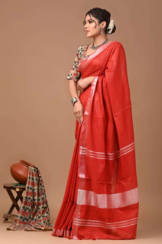 Linen Cotton Blend Handloom Bhagalpuri Saree with Zari Border (12798 Red) - View 2