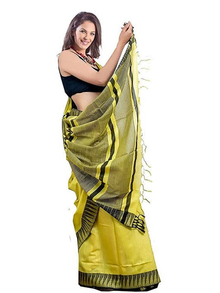 Yellow women's Bhagalpuri Handloom Kota Silk Temple Border Saree And Variation Of Colors With Striped Blouse Piece - View 3
