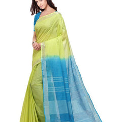 Chartreuse Yellow & Capri Cyan women's Bhagalpuri Handloom Linen Cotton Blend Two Dye Saree With Running Unstitched Blouse Piece - View 3