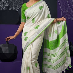 Handwoven Bhagalpuri Linen Blend Embroidered Saree With Contrast Blouse Piece(White_Parrot Green)