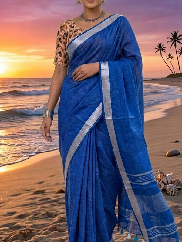 Handwoven Linen Blend Saree With Running Blouse Piece(Royal Blue) - View 2