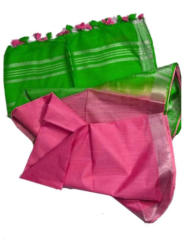 Kelly Green & Power Pink Bhagalpuri Handloom women's Ethnic Wear Cotton Slub Blend Two Dye Saree With Running Unstitched Blouse Piece - View 3