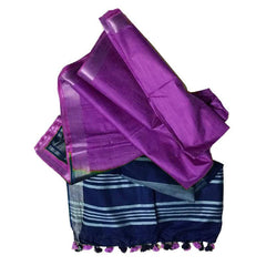 Royal Blue & Electric Purple women's Bhagalpuri Ethnic Wear Handloom Cotton Linen Slub Blend Zari Border Two Dye Saree With Running Unstitched Blouse Piece