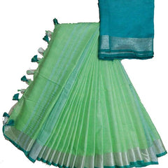 Light Green-Cyan women's Handloom Bhagalpuri Linen Cotton Blend Saree Ethnic Wear With Contrast Unstitched Blouse Piece