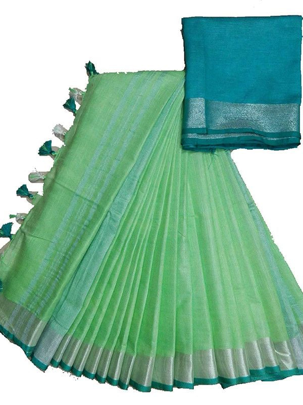 Light Green-Cyan women's Handloom Bhagalpuri Linen Cotton Blend Saree Ethnic Wear With Contrast Unstitched Blouse Piece