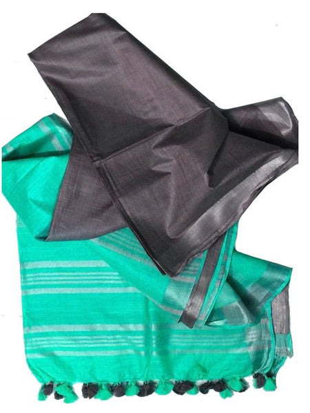 Grey & Aquamarine Turquoise women's Ethnic Wear Bhagalpuri Handloom Linen Blend Two Dye Saree With Running Unstitched Blouse Piece