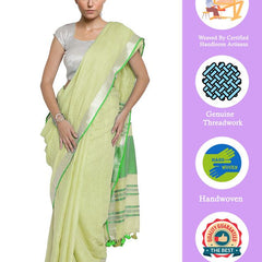Mindaro Green-Green women's Bhagalpuri Handloom Cotton Linen Blend Contrast Pallu Saree And Unstitched Contrast Blouse Piece - View 2