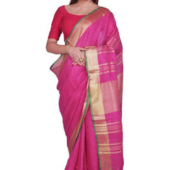 Pink-Green women's Bhagalpuri Blend Linen Saree With Contrast Blouse Piece