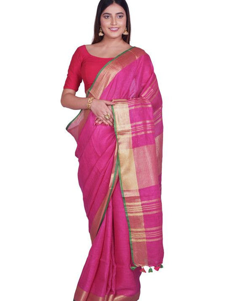 Pink-Green women's Bhagalpuri Blend Linen Saree With Contrast Blouse Piece