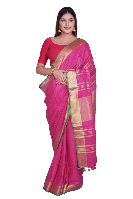 Pink-Green women's Bhagalpuri Blend Linen Saree With Contrast Blouse Piece