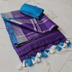 Handloom Bhagalpuri Linen Cotton Blend Contrast Border Saree for Women (12621 French_Purple-Cyan)