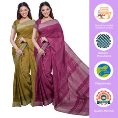 Olive Green & Raspberry Pink women's Bhagalpuri Handloom Cotton-Linen Blend Saree Combo (Pack Of 2) With Running Unstiched Blouse Piece - View 2