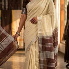 Elegant Linen Cotton Blend Saree for WDS | Cream Saree with Contrast Woven Pallu & Silver Zari Border | Traditional Ethnic Wear - View 5