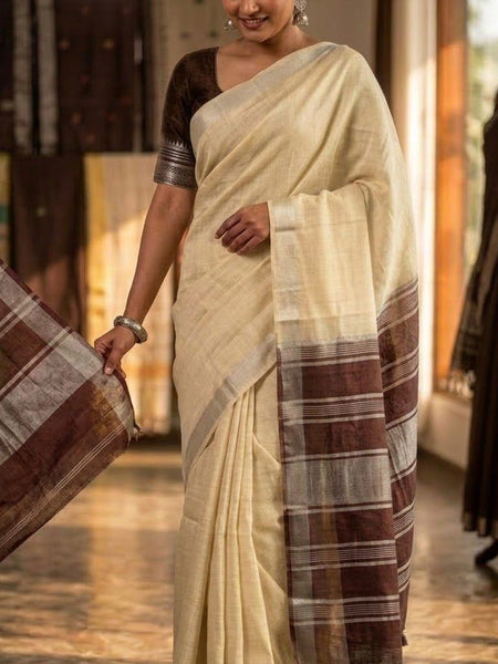 Elegant Linen Cotton Blend Saree for WDS | Cream Saree with Contrast Woven Pallu & Silver Zari Border | Traditional Ethnic Wear - View 5