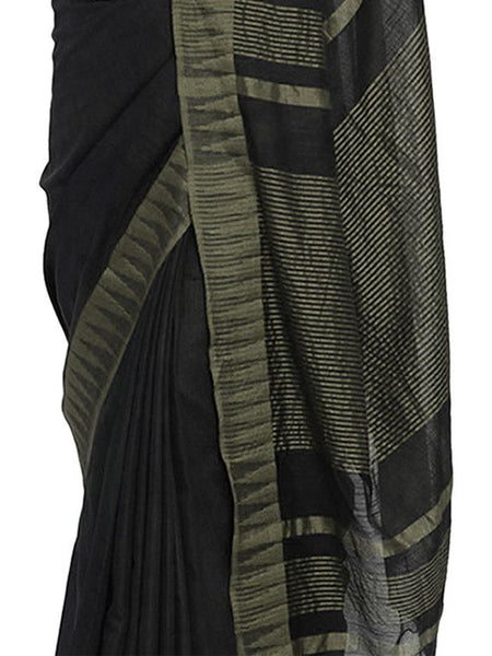 Black-Natural women's Bhagalpuri Handloom Katan Viscous Silk Temple Border Saree Ethnic Wear With Running Unstitched Striped Blouse Piece - View 5