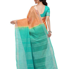 Pumpkin Orange & Turquoise women's Bhagalpuri Handloom Linen Cotton Blend Two Dye Saree With Running Unstitched Blouse Piece - View 3