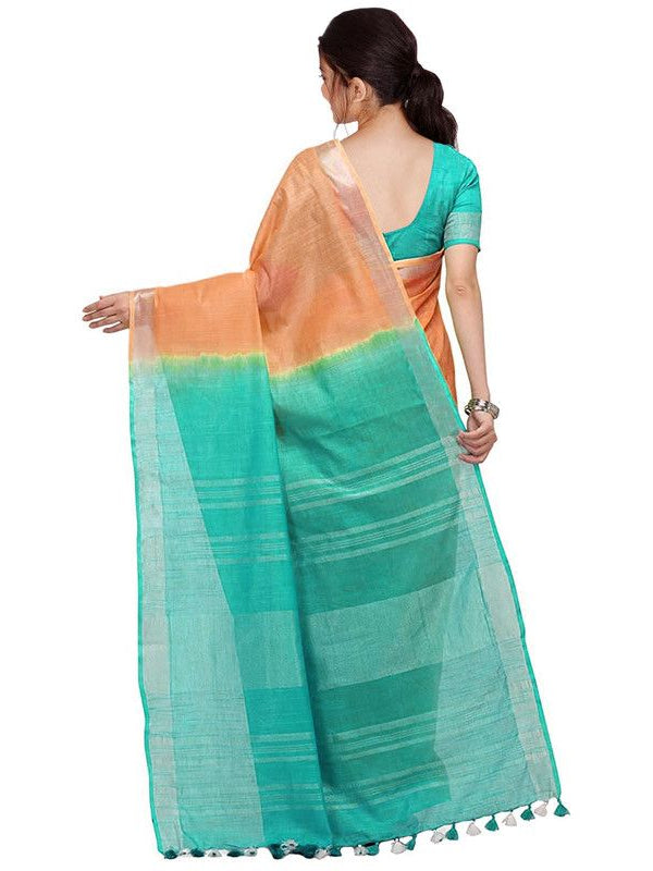 Pumpkin Orange & Turquoise women's Bhagalpuri Handloom Linen Cotton Blend Two Dye Saree With Running Unstitched Blouse Piece - View 3