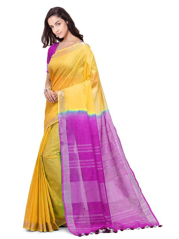 Handloom Bhagalpuri Cotton Slub Blend Two Dye Saree With Running Unstitched Blouse Piece - View 4