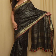 Linen Cotton Blend Handloom Bhagalpuri Check Saree with Contrast Blouse Piece