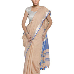 Bhagalpuri Handloom Cotton Linen Blend Contrast Pallu Saree And Unstitched Contrast Blouse Piece