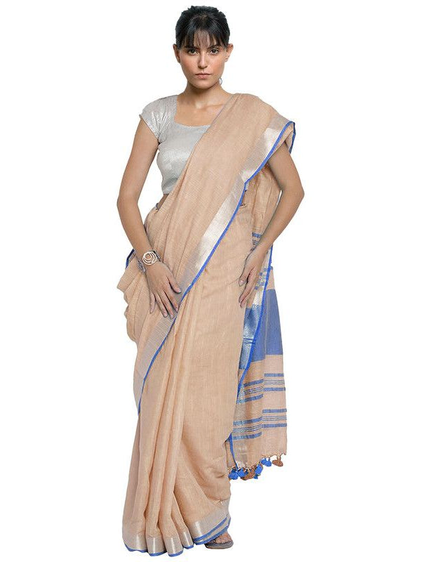 Bhagalpuri Handloom Cotton Linen Blend Contrast Pallu Saree And Unstitched Contrast Blouse Piece