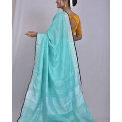 Cyan-Black  Bhagalpuri Blend Linen Saree With Contrast Blouse Piece - View 3