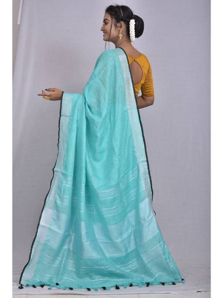 Cyan-Black  Bhagalpuri Blend Linen Saree With Contrast Blouse Piece - View 3
