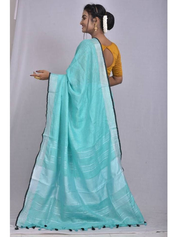 Cyan-Black  Bhagalpuri Blend Linen Saree With Contrast Blouse Piece - View 3