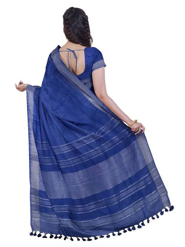 Cobalt Blue & Olive Green women's Bhagalpuri Handloom Cotton-Linen Blend Saree Combo (Pack Of 2) With Running Unstiched Blouse Piece - View 4