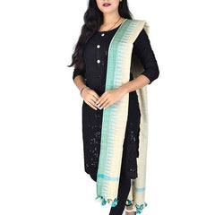 Linen Handloom Bhagalpuri Temple Dupatta with Color Border (Turquoise)