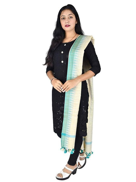 Linen Handloom Bhagalpuri Temple Dupatta with Color Border (Turquoise)