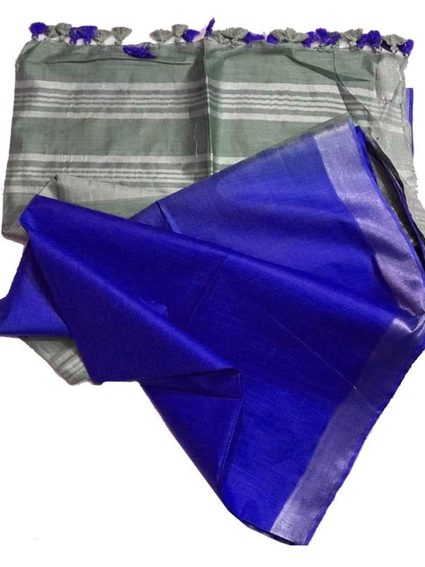 Grey & Chrysler Blue Bhagalpuri women's Ethnic Wear Handloom Cotton Zari Border Two Dye Saree With Running Unstitched Blouse Piece - View 6