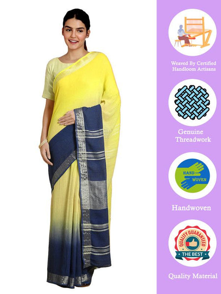 Lemon Yellow & Federal Blue women's Bhagalpuri Handloom Linen Cotton Blend Two Dye Saree With Running Unstitched Blouse Piece