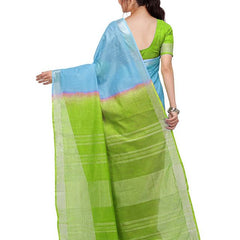 Cyan & Apple Green women's Bhagalpuri Handloom Pure Cotton Two Dye Saree With Running Unstitched Blouse Piece - View 4