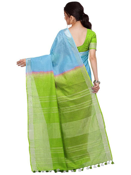 Cyan & Apple Green women's Bhagalpuri Handloom Pure Cotton Two Dye Saree With Running Unstitched Blouse Piece - View 4