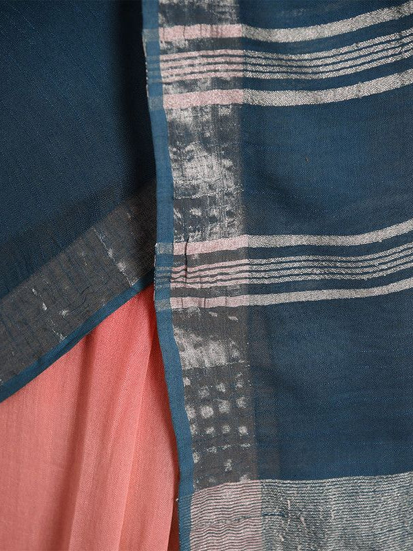 Flame Orange & Cerulean Blue women's Bhagalpuri Handloom Linen Slub Blend Two Dye Saree With Running Unstitched Blouse Piece - View 7